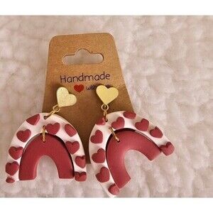 White- MAROON ‎ Rainbow  Shaped Maroon Hearts Gold Hearts  Dangle Earrings
